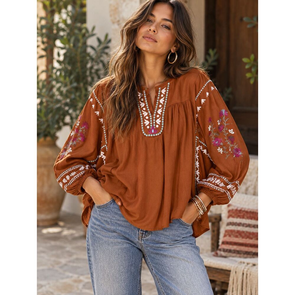 NWT Wonderly Embroidered Batwing Sleeve Boho Top Rust Copper Fig Size Large